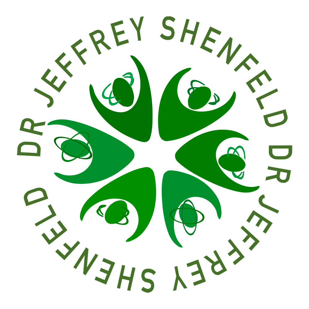 The image features a circular emblem with a stylized design resembling a flower or sunburst pattern, predominantly in shades of green and white, set against a black background. At the center, there are five human figures depicted in a simplified manner, each holding what appears to be a coffee cup. Above this central imagery, the text reads  JEFFERY SHENFELD  in uppercase letters, followed by  DR. JEFFERY SHENFELD  in smaller font size. Below the figures, there is additional text that says  SHENFIELD DR.  in capital letters. The overall style of the image suggests a logo or emblematic design, possibly associated with a brand, organization, or individual named Dr. Jeffrey Sheinfeld.